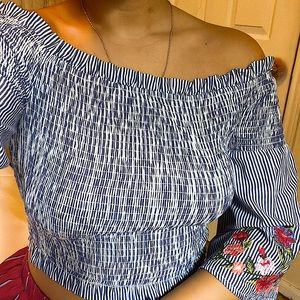 White & Blue Off The Shoulder Top